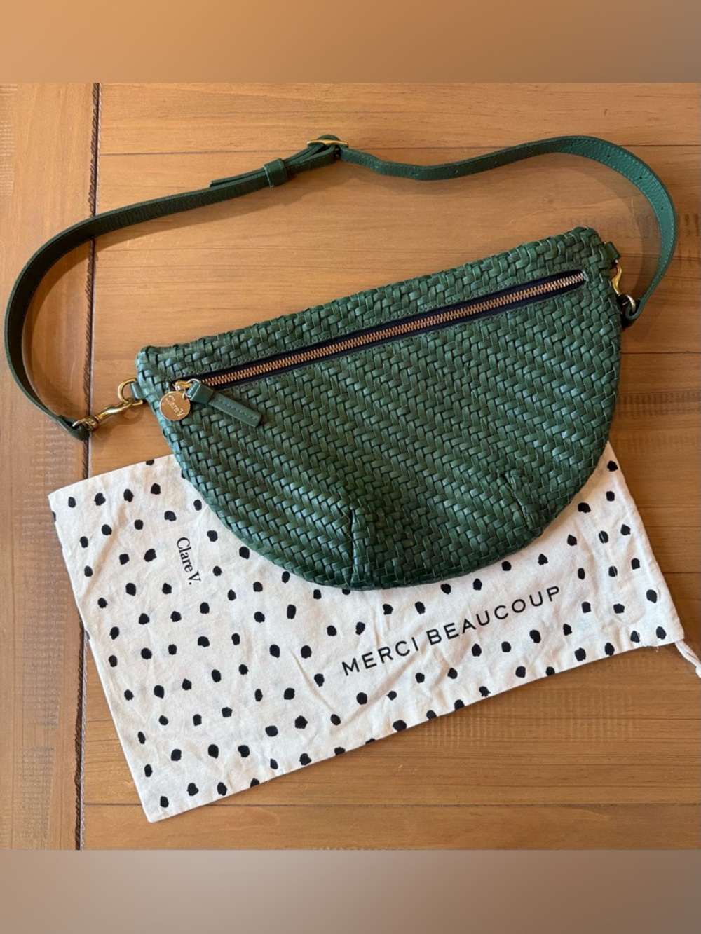 Clare V Grande Fanny Evergreen Zig Zag Woven Leather Bag + Dust Bag